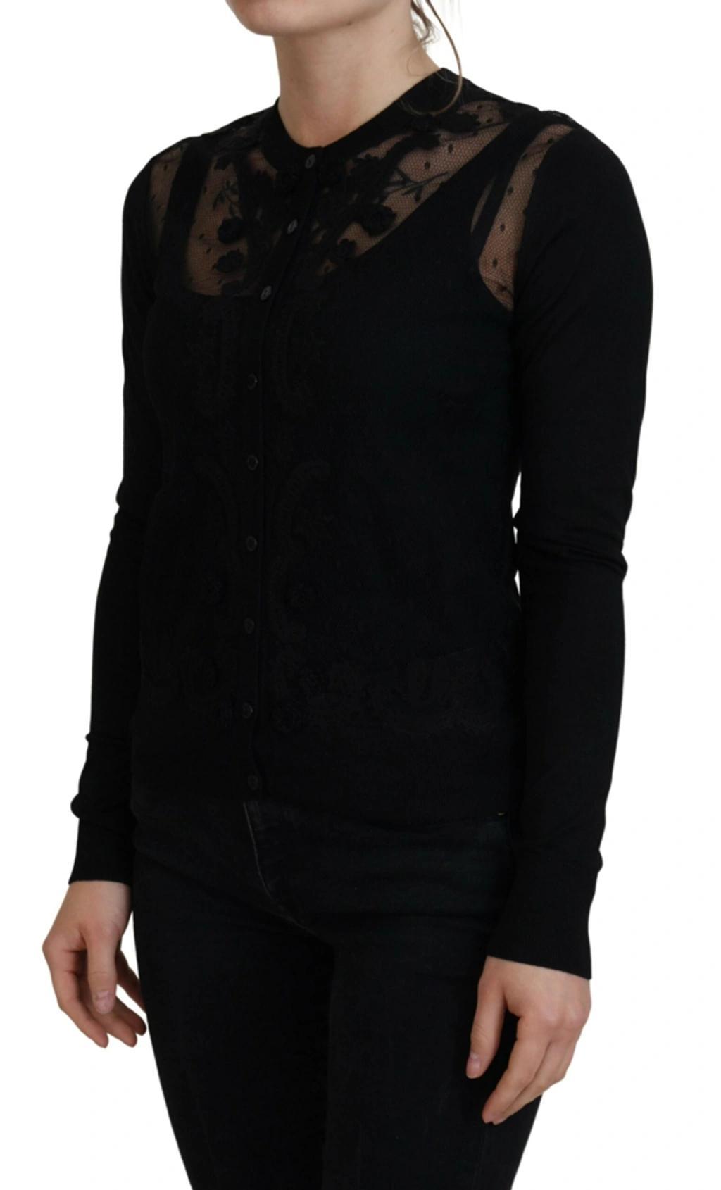 DOLCE & GABBANA Black Floral Lace Button Cardigan Sweater Product Image