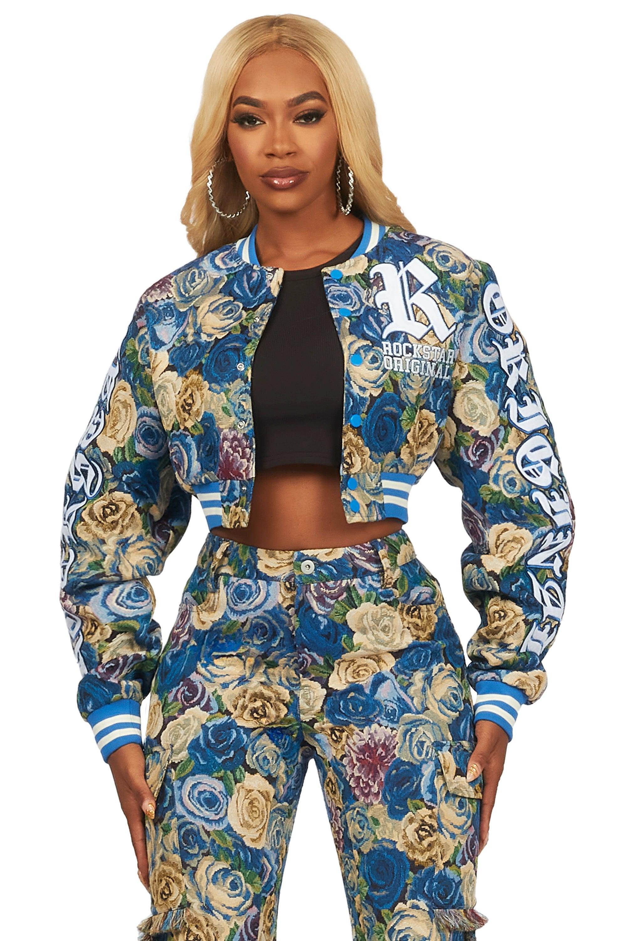 Darresha Blue Crop Tapestry Varsity Jacket Female Product Image