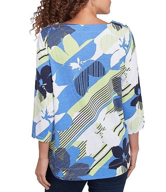 Ruby Rd. Stripe Floral Boat Neck 3/4 Sleeve Knit Top Product Image