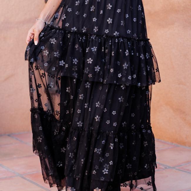 California Dreaming Black Flower Tulle Maxi Skirt FINAL SALE Product Image