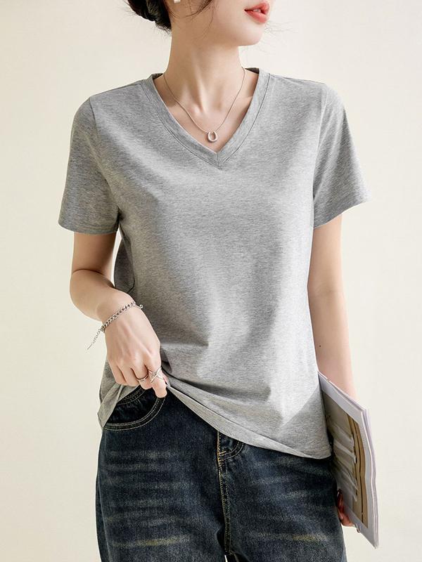 Loose Short Sleeves Solid Color V-Neck T-Shirts Tops Product Image