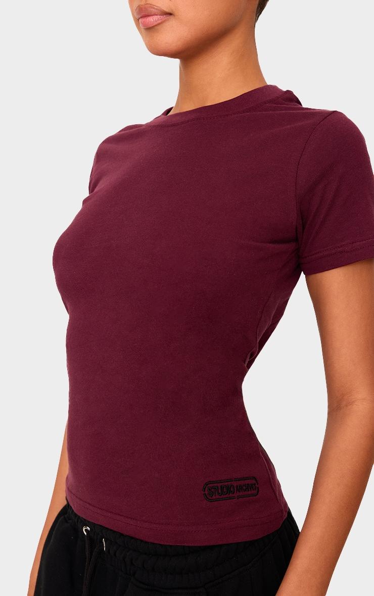 Burgundy Studio Archives Embroidered Cotton Short Sleeve Longline Top Product Image