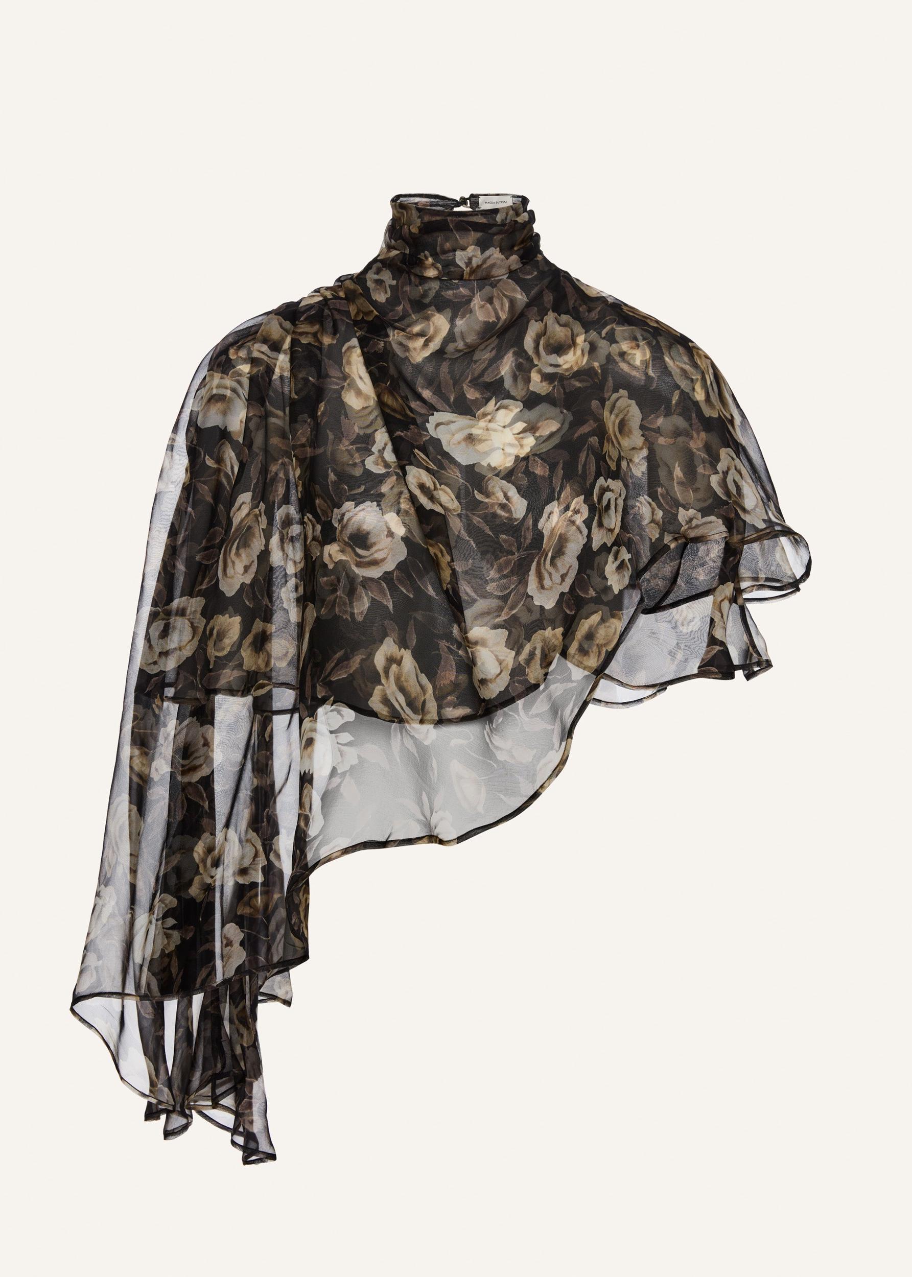 Flowy high-neck cropped blouse in black print Product Image