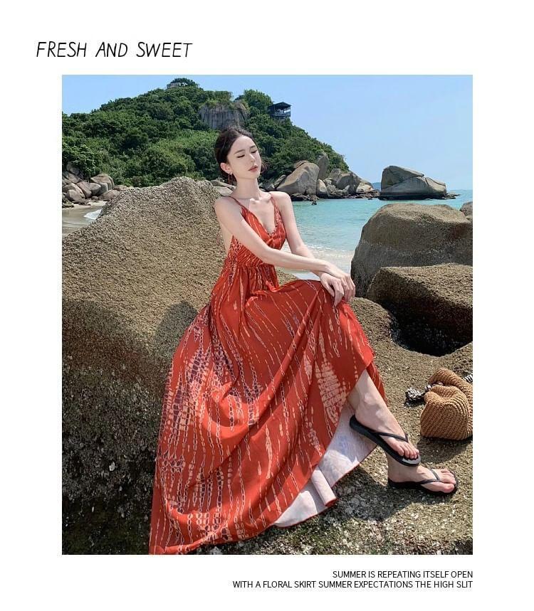 Spaghetti Strap Print Maxi A-Line Dress Product Image