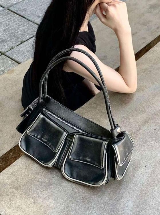 Washed Synthetic Leather Shoulder Bag Product Image