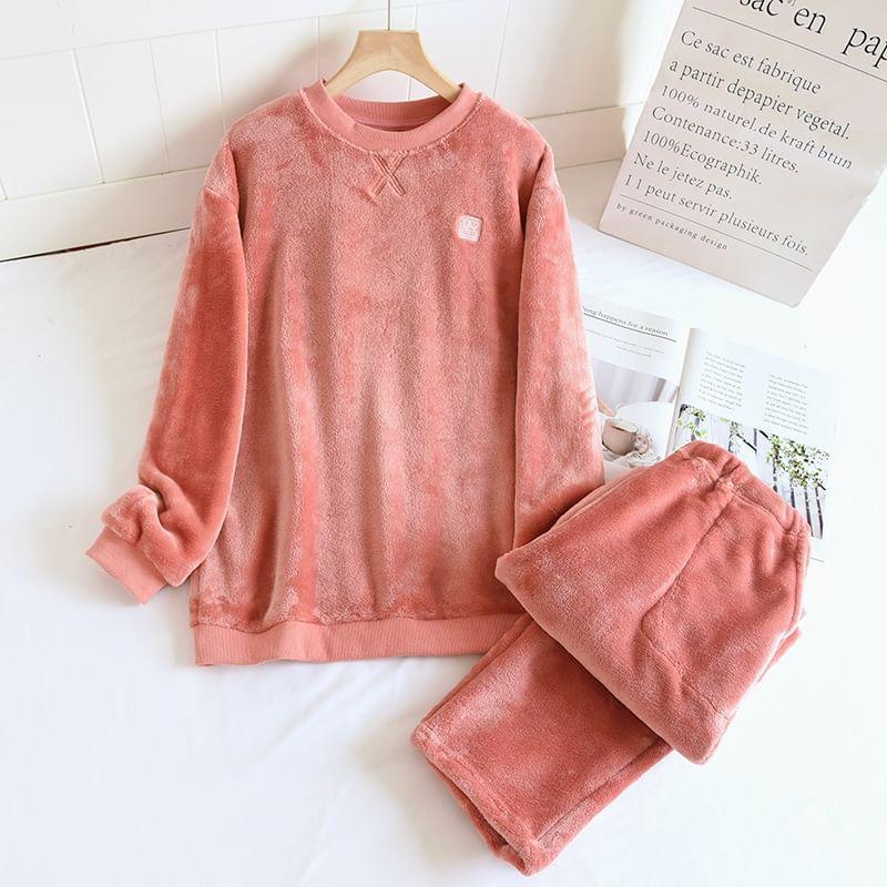 Couple Matching Pajama Set: Crew Neck Embroidered Fleece Sweatshirt + Plain Pants Product Image