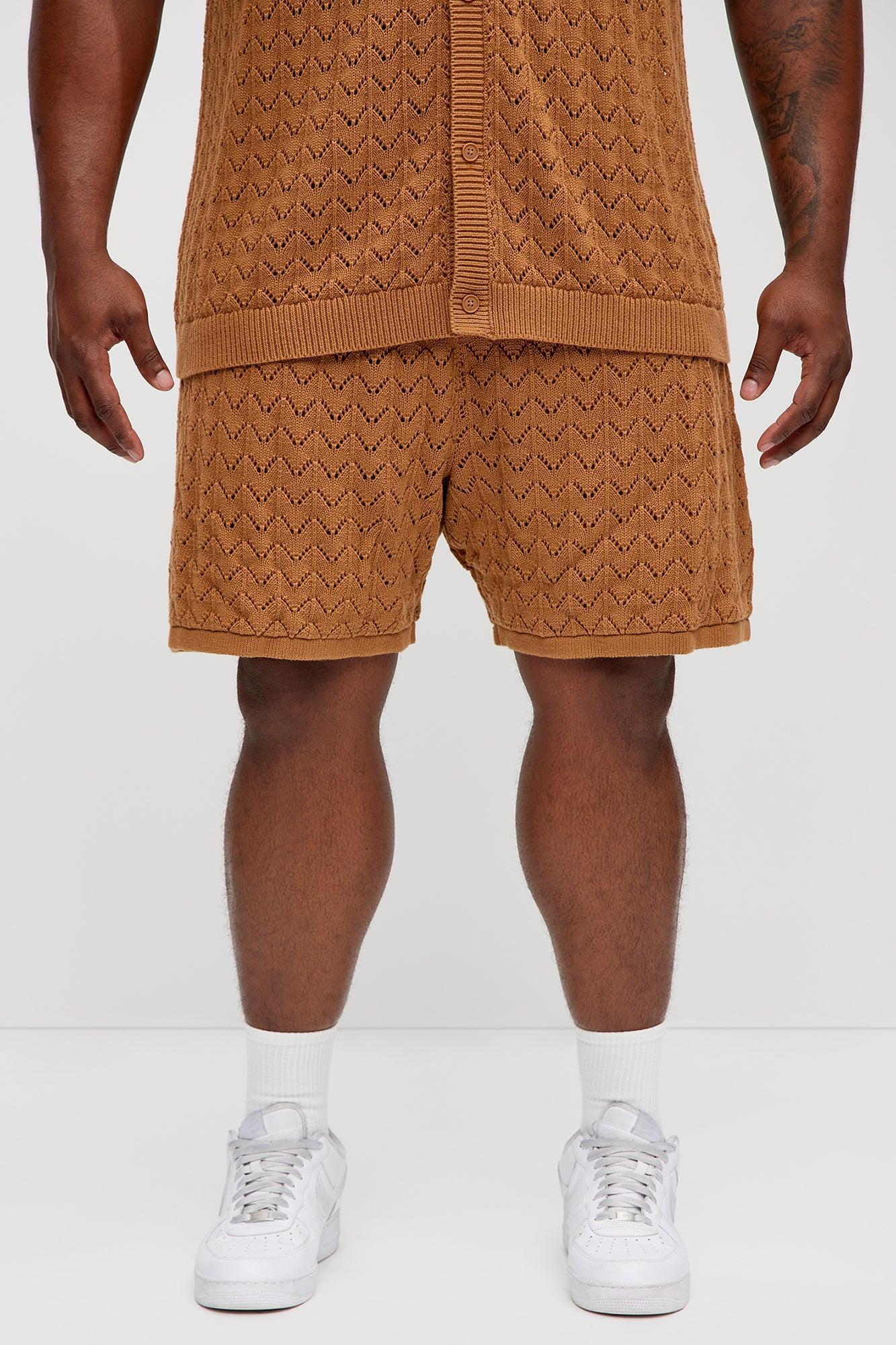 Waterfall Texture Open Knit Shorts - Brown Product Image