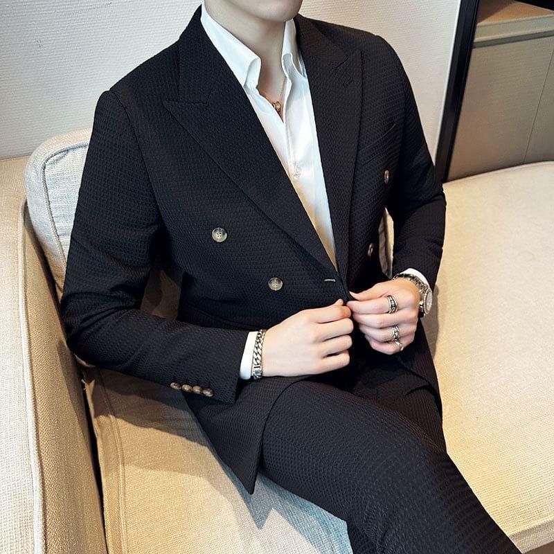 Plain Double-Breasted Blazer / High Waist Straight Leg Dress Pants / Set Product Image