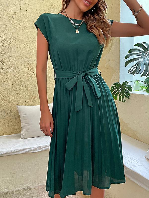 A-Line Loose Pleated Solid Color Tied Waist Round-Neck Midi Dresses Product Image