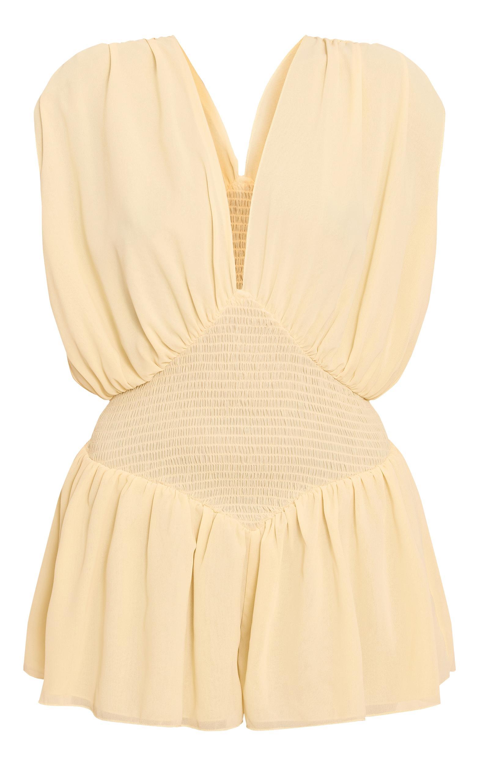 Lemon Chiffon V Neck Shirred Waist Frill Romper Product Image