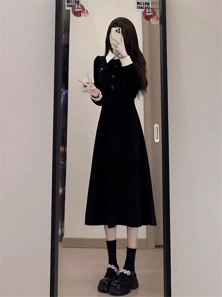 Long Sleeve Lapel Collared Two Tone Midi A-Line Dress Product Image