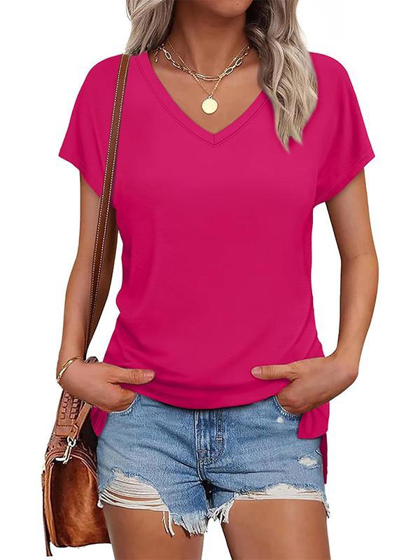 High-Low Raglan Sleeve Solid Color Split-Joint Split-Side V-Neck T-Shirts Product Image