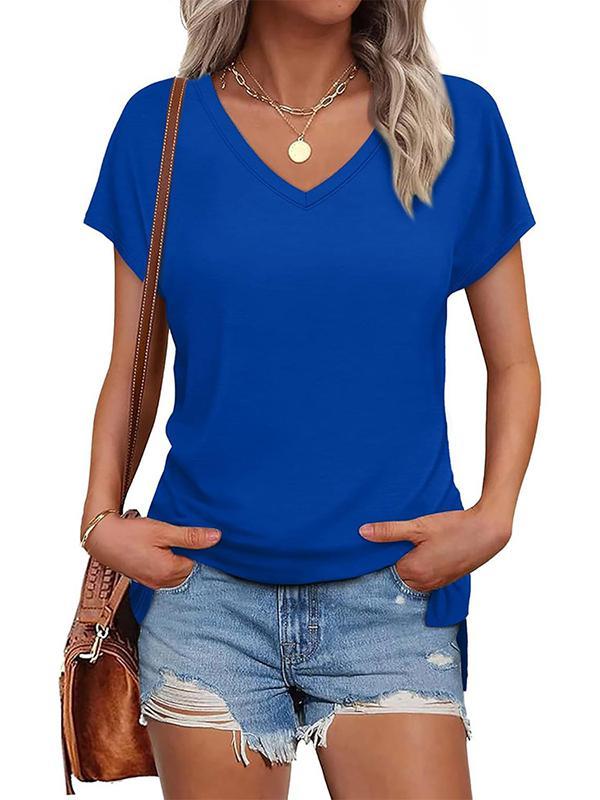 High-Low Raglan Sleeve Solid Color Split-Joint Split-Side V-Neck T-Shirts Product Image