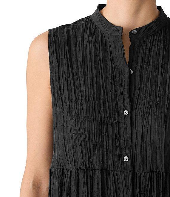 Eileen Fisher Textured Silk Mandarin Collar Sleeveless Button Front Midi Dress Product Image