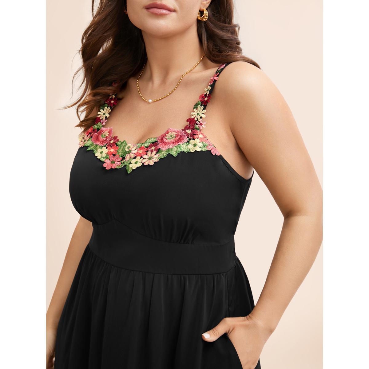 Plus Size Floral Woven Ribbon Heart Neckline Cami Dress Black Women Elegant Woven ribbon&lace trim Heart neckline Sleeveless Curvy BloomChic 14-16/1X Product Image