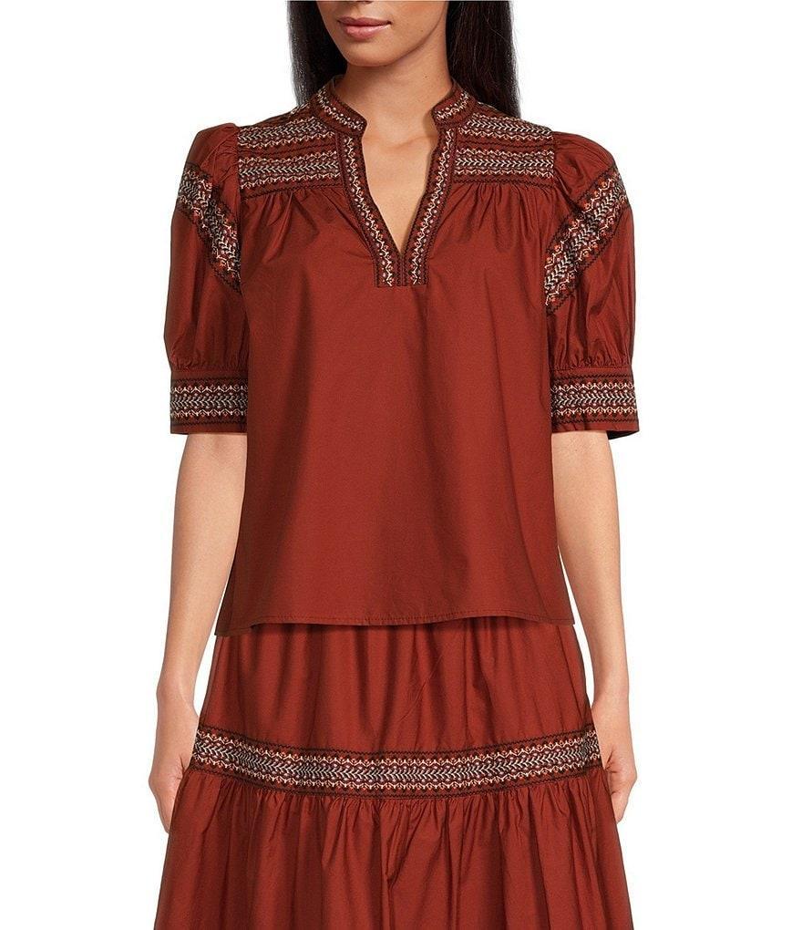 A Loves A Woven Embroidered Trim Split V-Neck Short Puffed Sleeve Coordinating Top Product Image