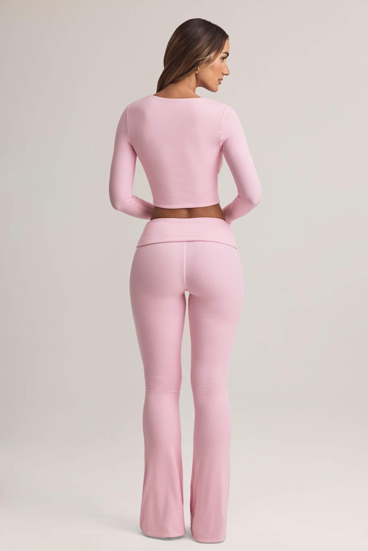 Modal Foldover Mid-Rise Flared Trousers in Pastel Pink Product Image
