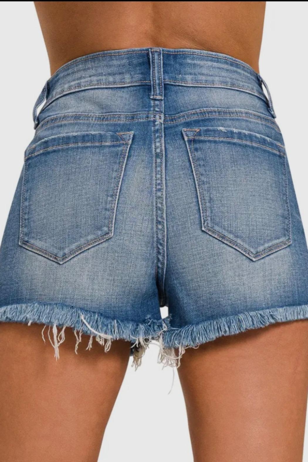 Mid Rise Frayed Denim Shorts Product Image