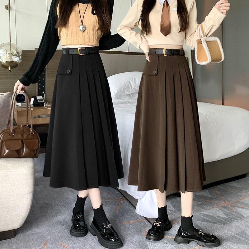 High Waist Plain Midi Pleated Skirt Product Image