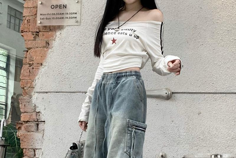 High Rise Washed Wide Leg Cargo Jeans Product Image