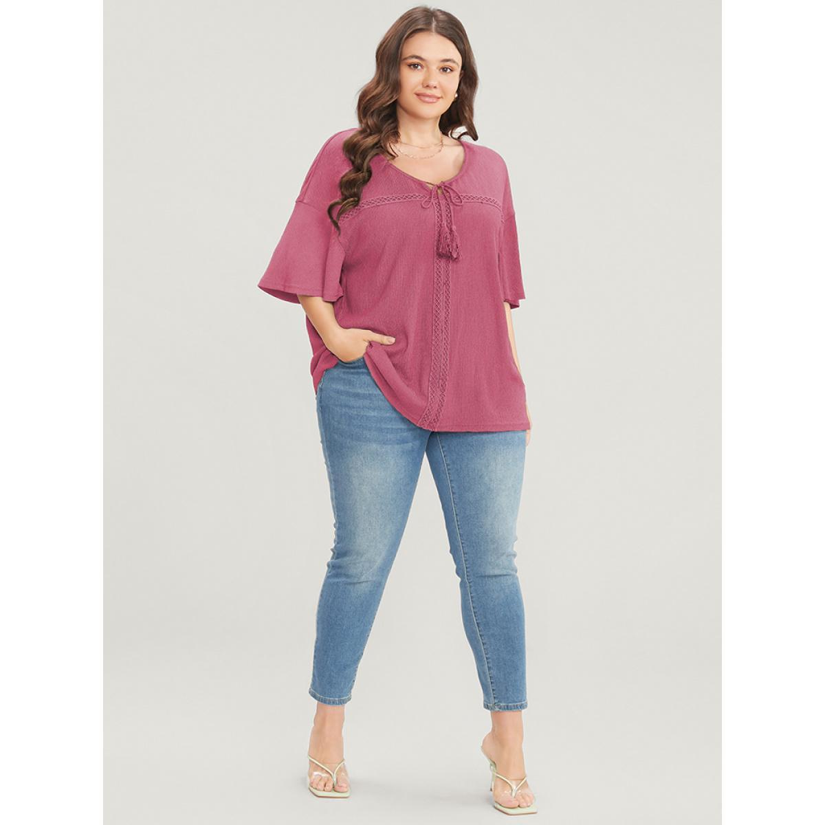 Plus Size RedViolet Solid Tassels Flounce Sleeve Lace Tie Neck Blouse Women Casual Short sleeve V-neck Dailywear Blouses BloomChic 10/M Product Image