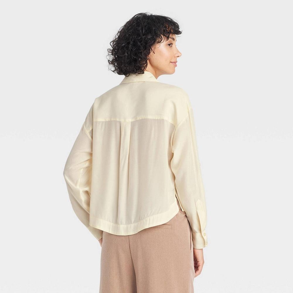 Womens Long Sleeve Button-Down Cropped Utility Shirt - A New Day Cream L Product Image