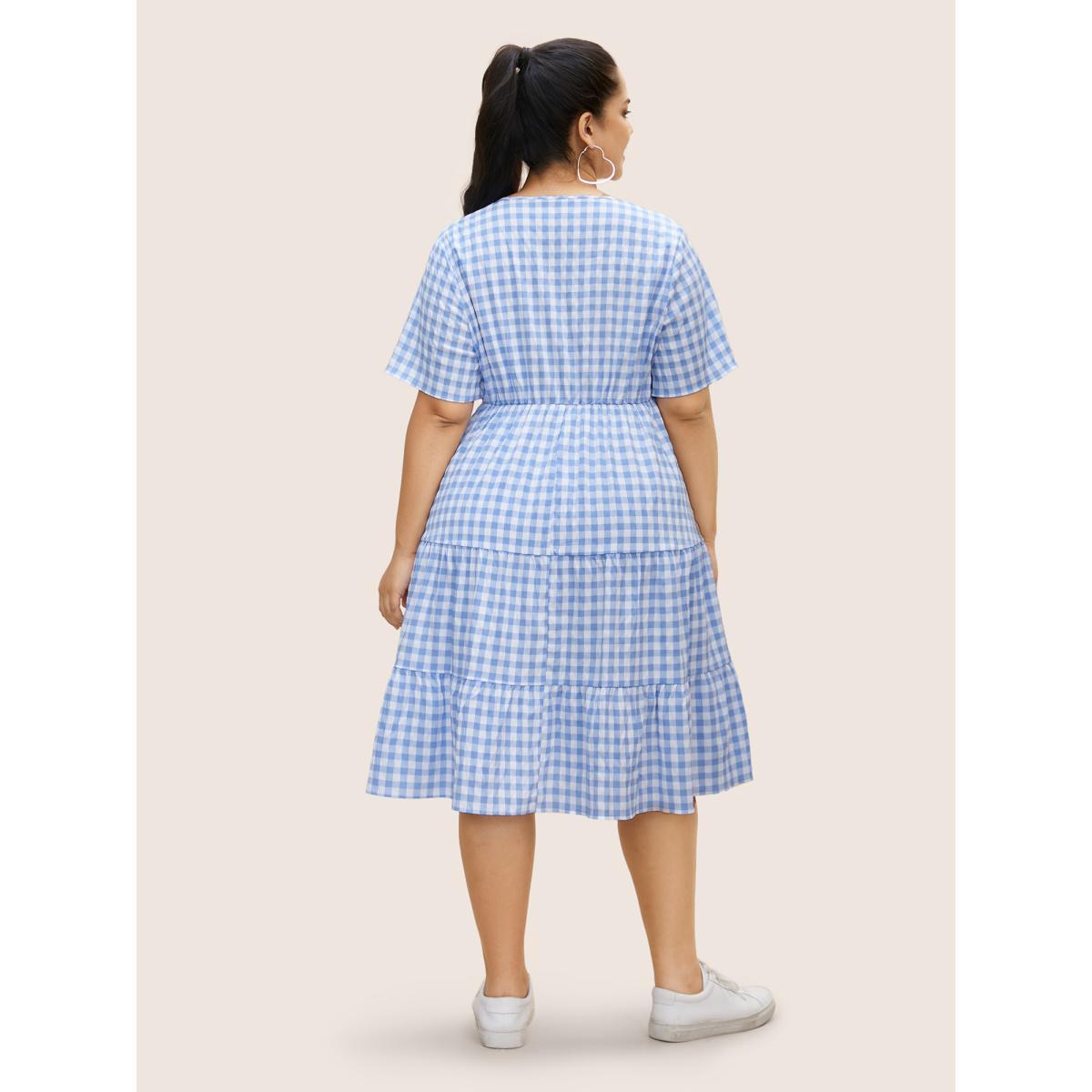 Plus Size Gingham Button Detail Ruffle Layered Hem Dress LightBlue Women Casual Button V-neck Short sleeve Curvy BloomChic 30/6X Product Image