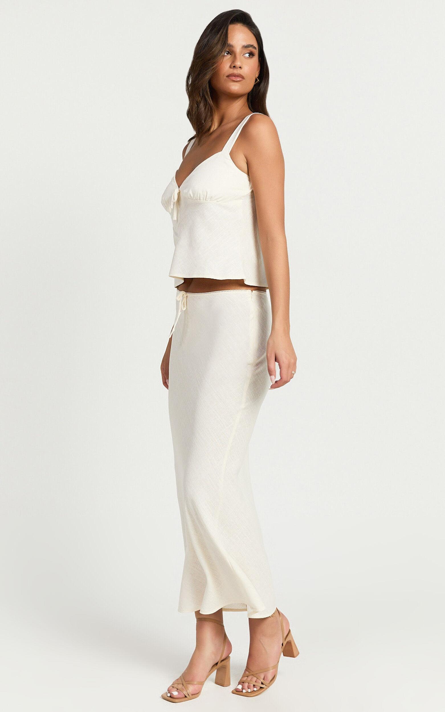 Polly Midi Skirt - Linen Low Waisted Front Bow Slip Skirt in Stone Product Image