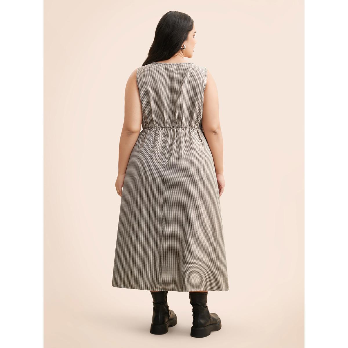 Plus Size Square Neck Houndstooth Elastic Waist Dress Browncoffeecolor Women At the Office Button Square Neck Sleeveless Curvy BloomChic 22-24/3X Product Image