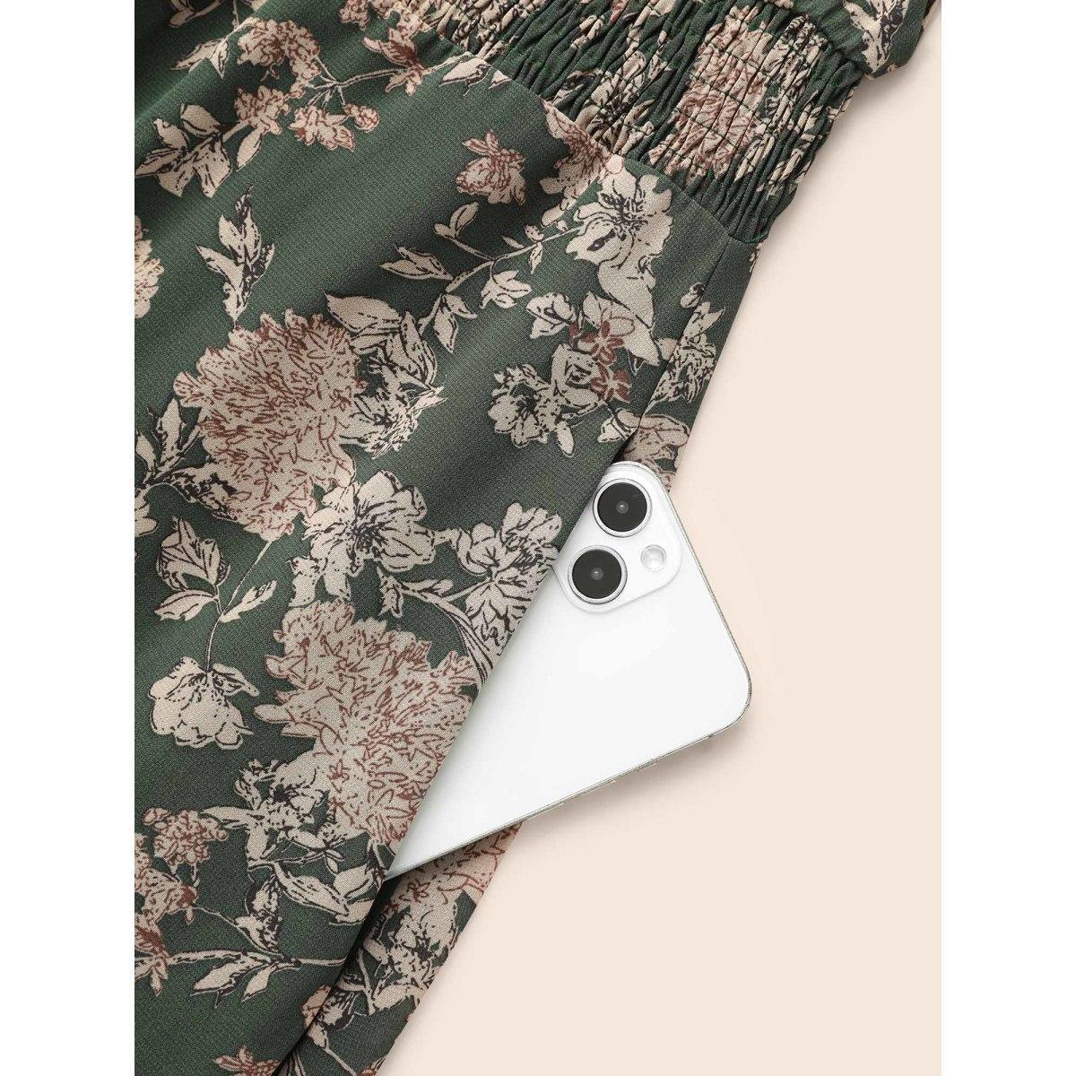 Plus Size Floral Shirred Ruffles See Through Dress ArmyGreen Women Elegant See through Flat collar with V-notch Long Sleeve Curvy BloomChic 30/6X Product Image