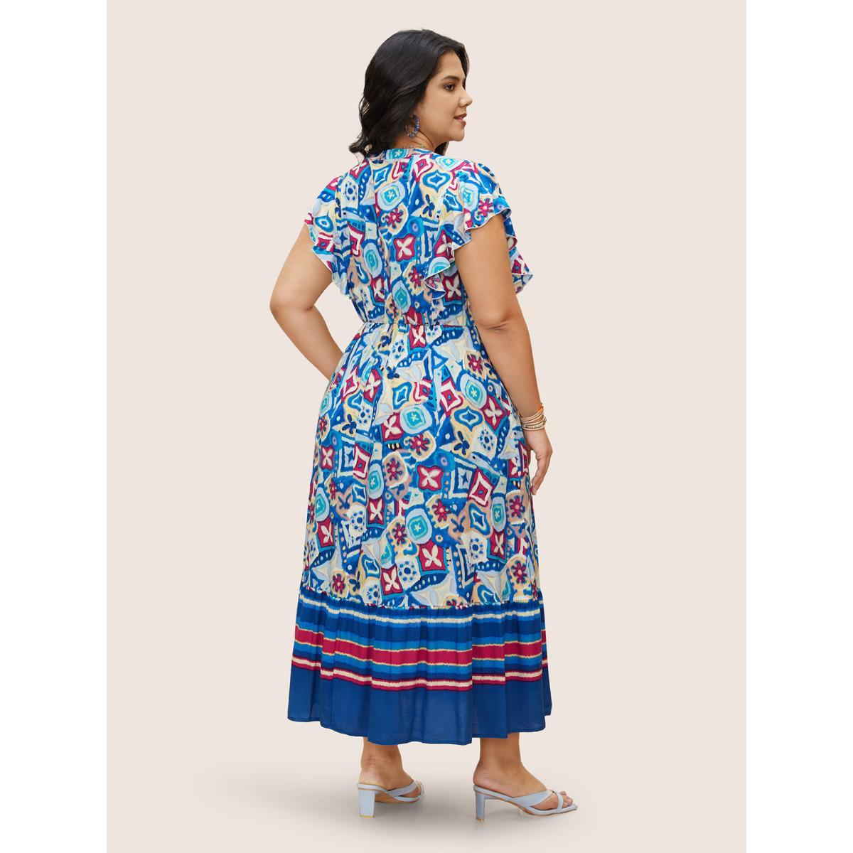 Plus Size Boho Print Pleated Ruffle Sleeve Dress Blue Women Resort Ruffles Notched collar Cap Sleeve Curvy BloomChic 10/M Product Image