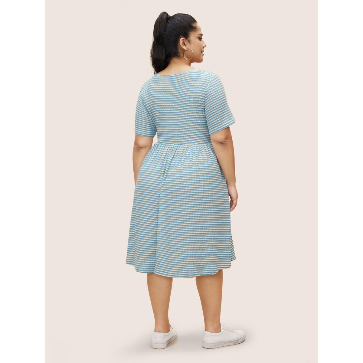 Plus Size Stripes Waffle Knit Ruched Pocket Dress LightBlue Women Casual Gathered Heart neckline Short sleeve Curvy BloomChic 18-20/2X Product Image