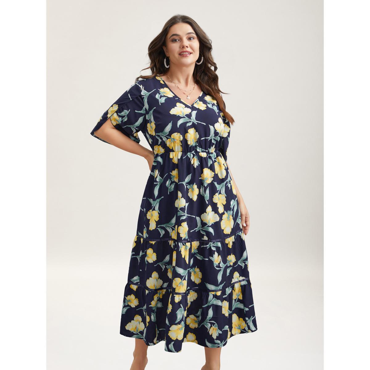 Plus Size Spring Flowers V-Neck Tiered Midi Dress Indigo Women Elegant Overlapping V-neck Half Sleeve Curvy BloomChic 28/5X Product Image