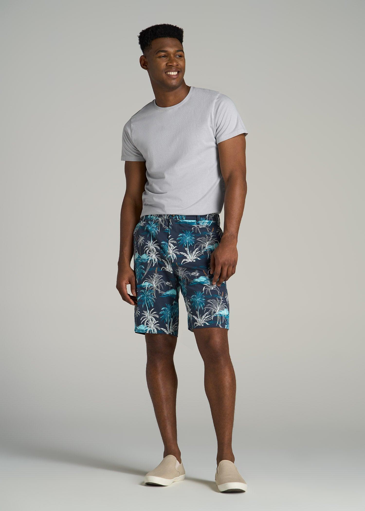Printed Stretch Cotton Shorts for Tall Men in Blue and White Palms Male Product Image
