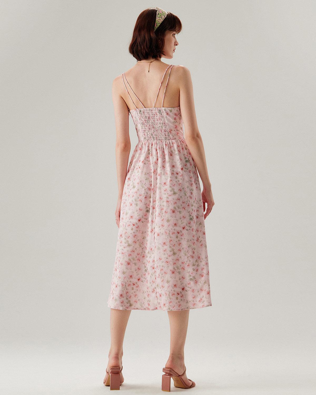 Pink Floral Shirred Slip Midi Dress Product Image
