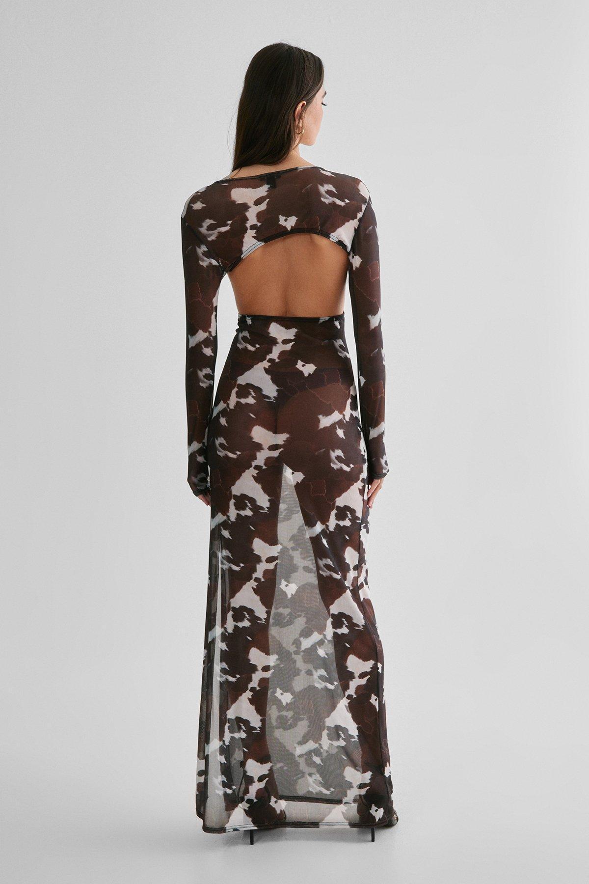 Mesh Cut Out Cow Print Maxi Dress Product Image