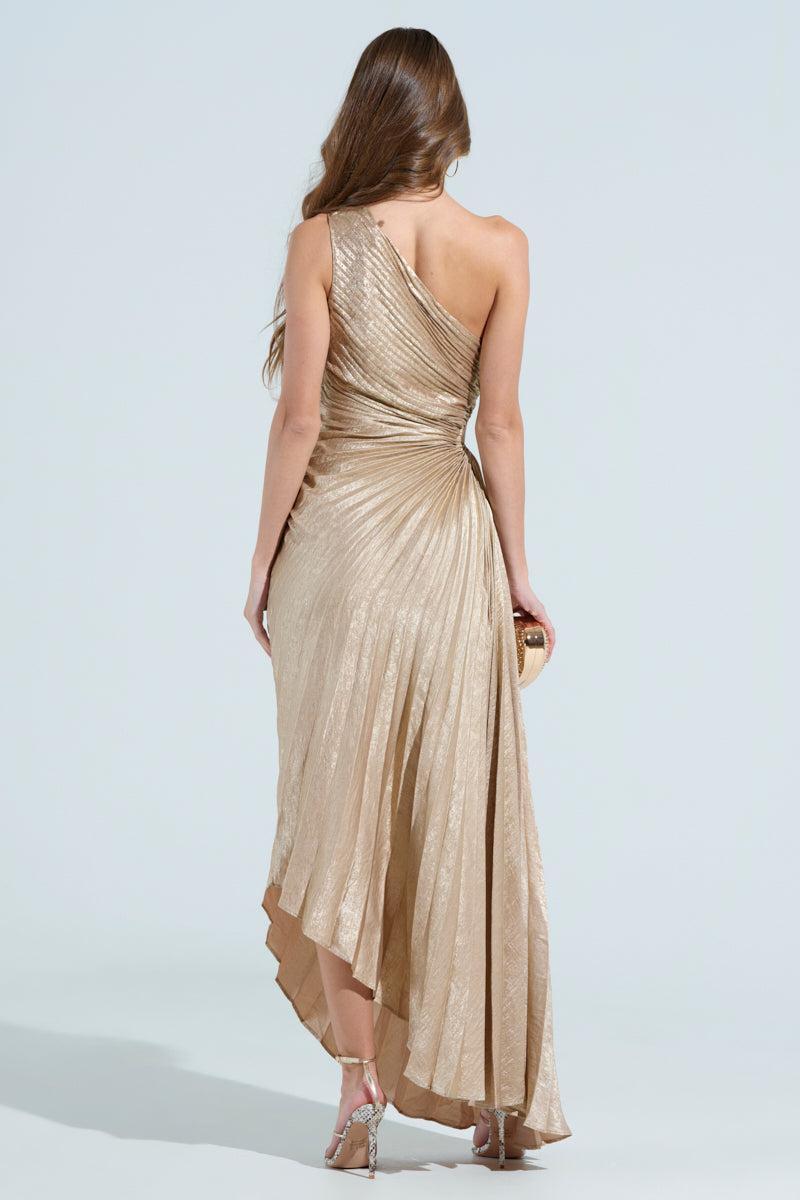 JULIETTE METALLIC PLEATED MIDI DRESS Product Image