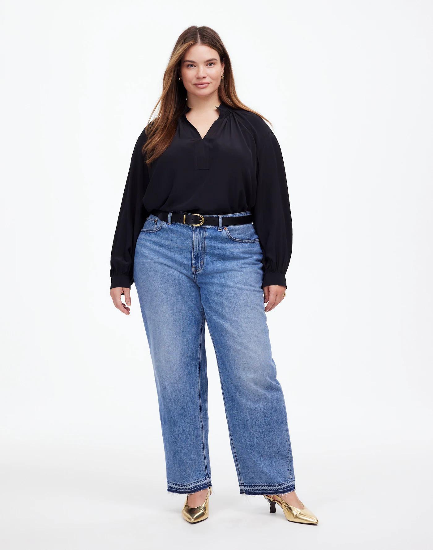 Plus Shirred Long-Sleeve Top in Silk Product Image