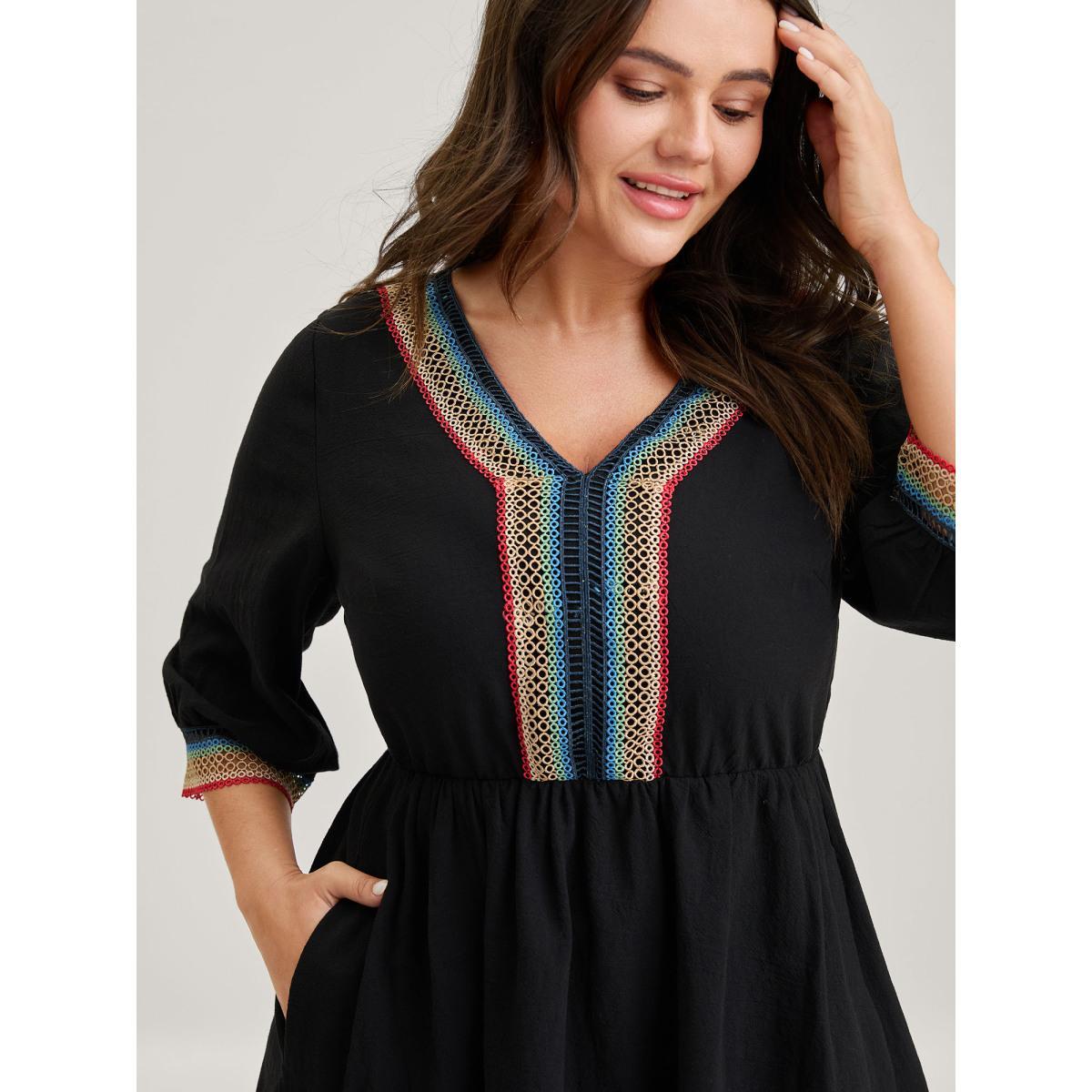 Plus Size Pure Cotton Colorful Lace Midi Dress Black Women V-neck Elbow-length sleeve Curvy BloomChic 10/M Product Image