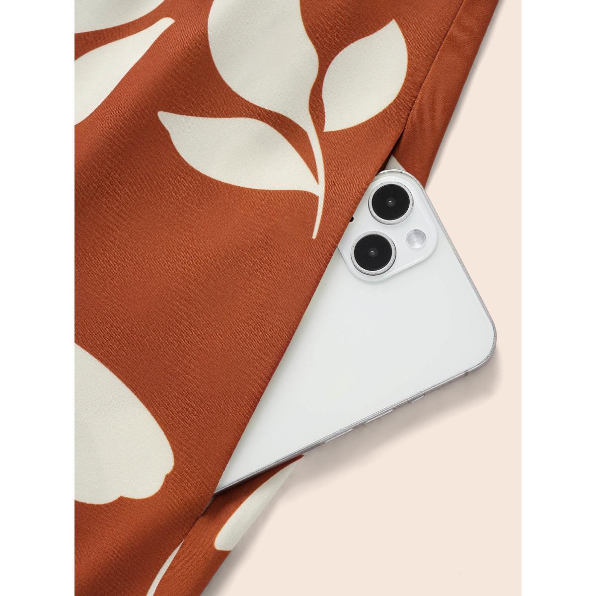 Plus Size Silhouette Floral Print Shirred Ruffles Dress Browncoffeecolor Women Elegant Shirred Notched collar Short sleeve Curvy BloomChic 14-16/1X Product Image