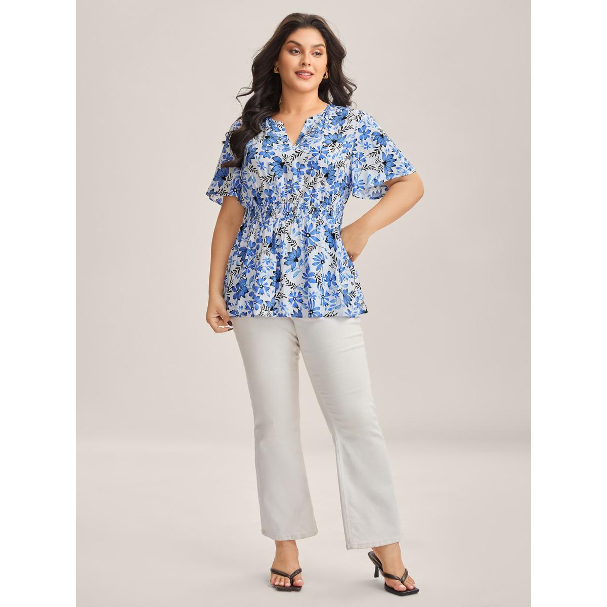 Plus Size Skyblue Floral Notched Collar Shirred Waist Blouse Women Short sleeve Flat collar Everyday-Elegant Blouses BloomChic 14-16/1X Product Image