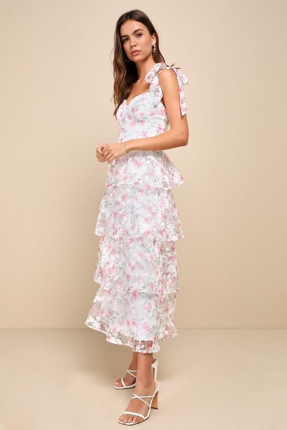 Endlessly Gorgeous White Floral Burnout Tie-Strap Midi Dress Product Image