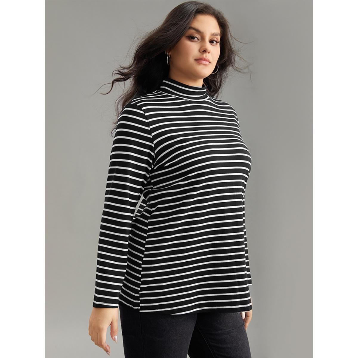 Plus Size Cotton Striped Funnel Neck T-shirt Black Women Casual Contrast Striped Turtleneck Dailywear T-shirts BloomChic 14-16/1X Product Image