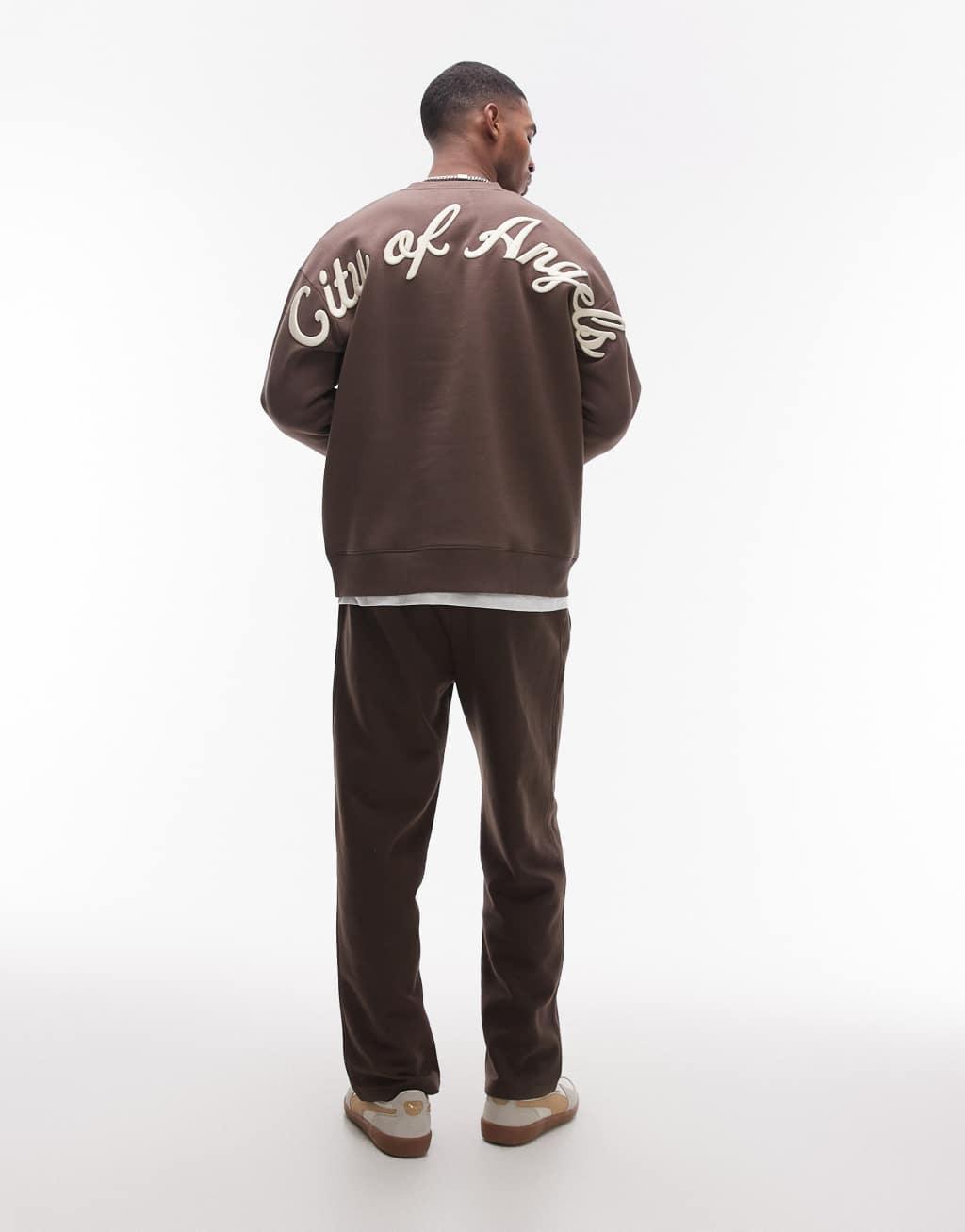 Topman oversized fit sweatshirt with front and back city of angels embroidery in brown Product Image