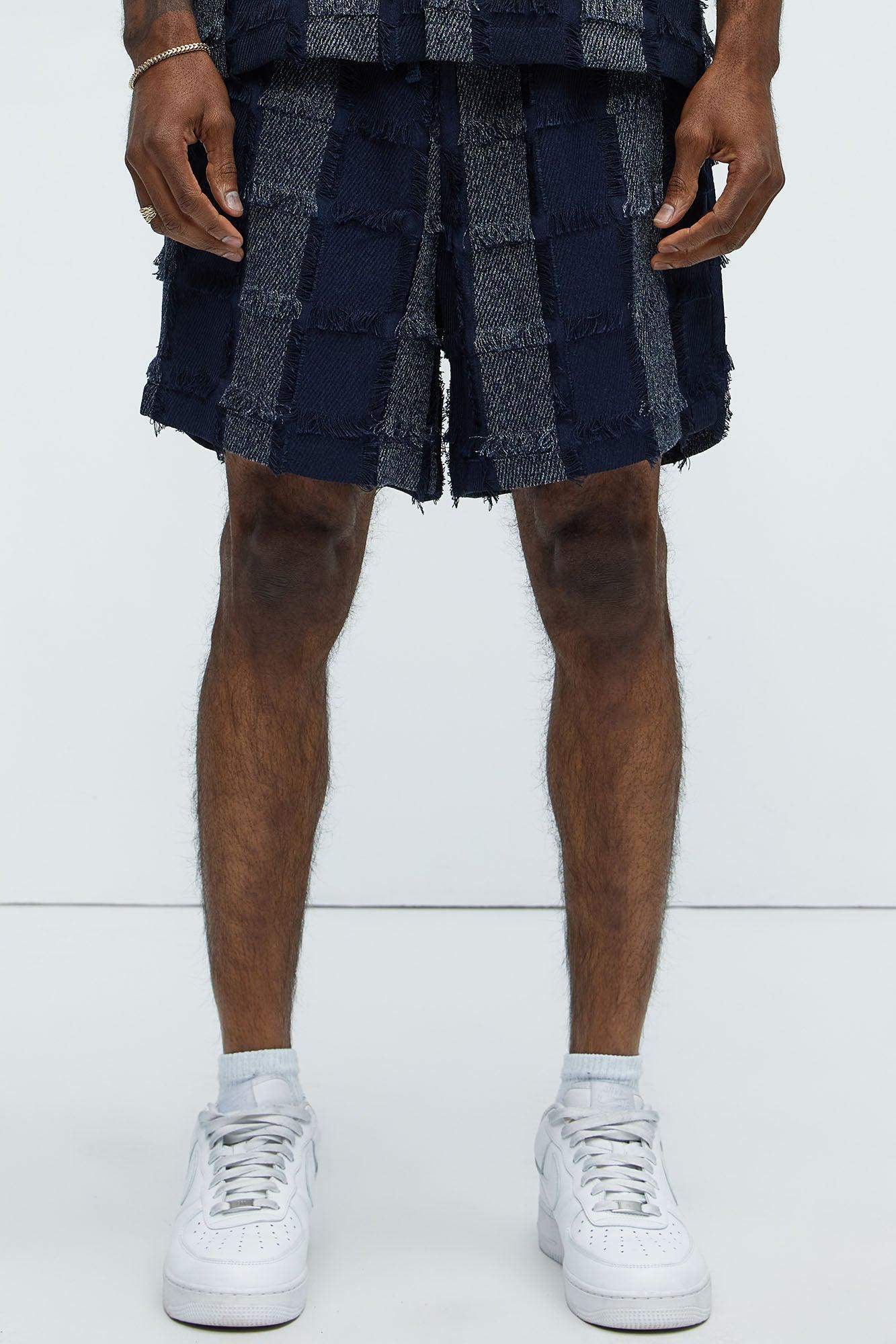 Fray Patchwork Like Shorts - Navy Product Image