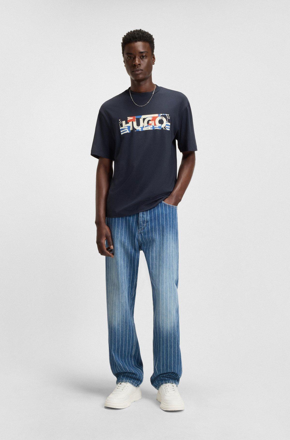 HUGO - Stretch-cotton T-shirt with graphic logo print - Dark Blue Product Image
