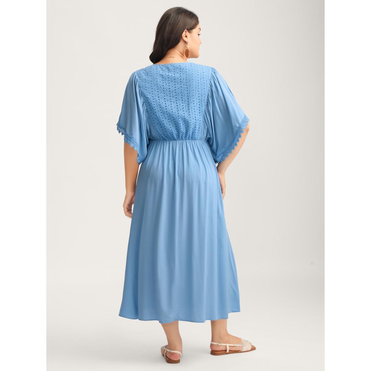 Plus Size Eyelet Trim Stretchy Flowy Sleeve Midi Dress Skyblue Women V-neck Short sleeve Curvy BloomChic 14-16/1X Product Image