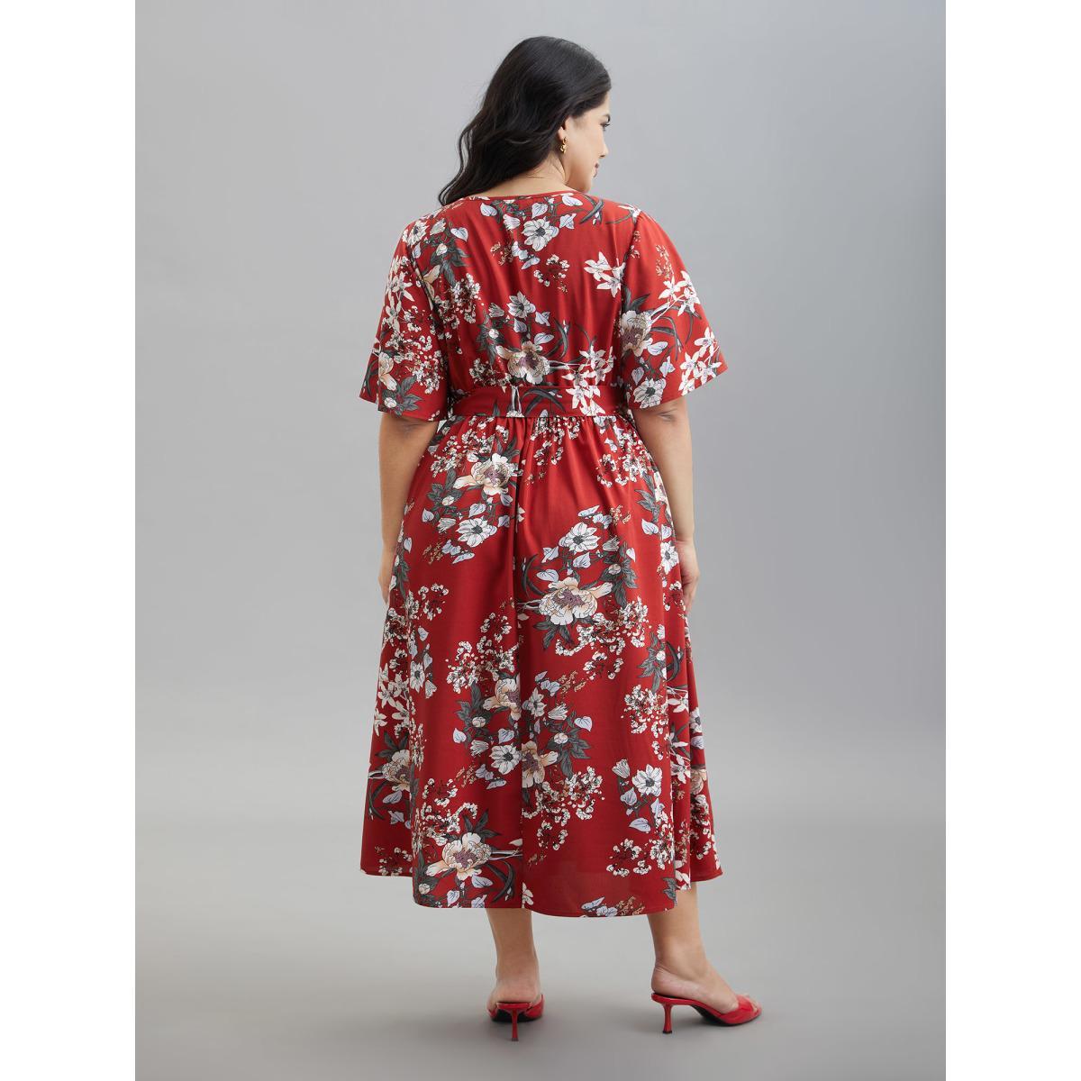 Plus Size Floral Print Waist-Tie V-Neck Midi Dress Scarlet Women Elegant Belted V-neck Half Sleeve Curvy BloomChic 26/4X Product Image