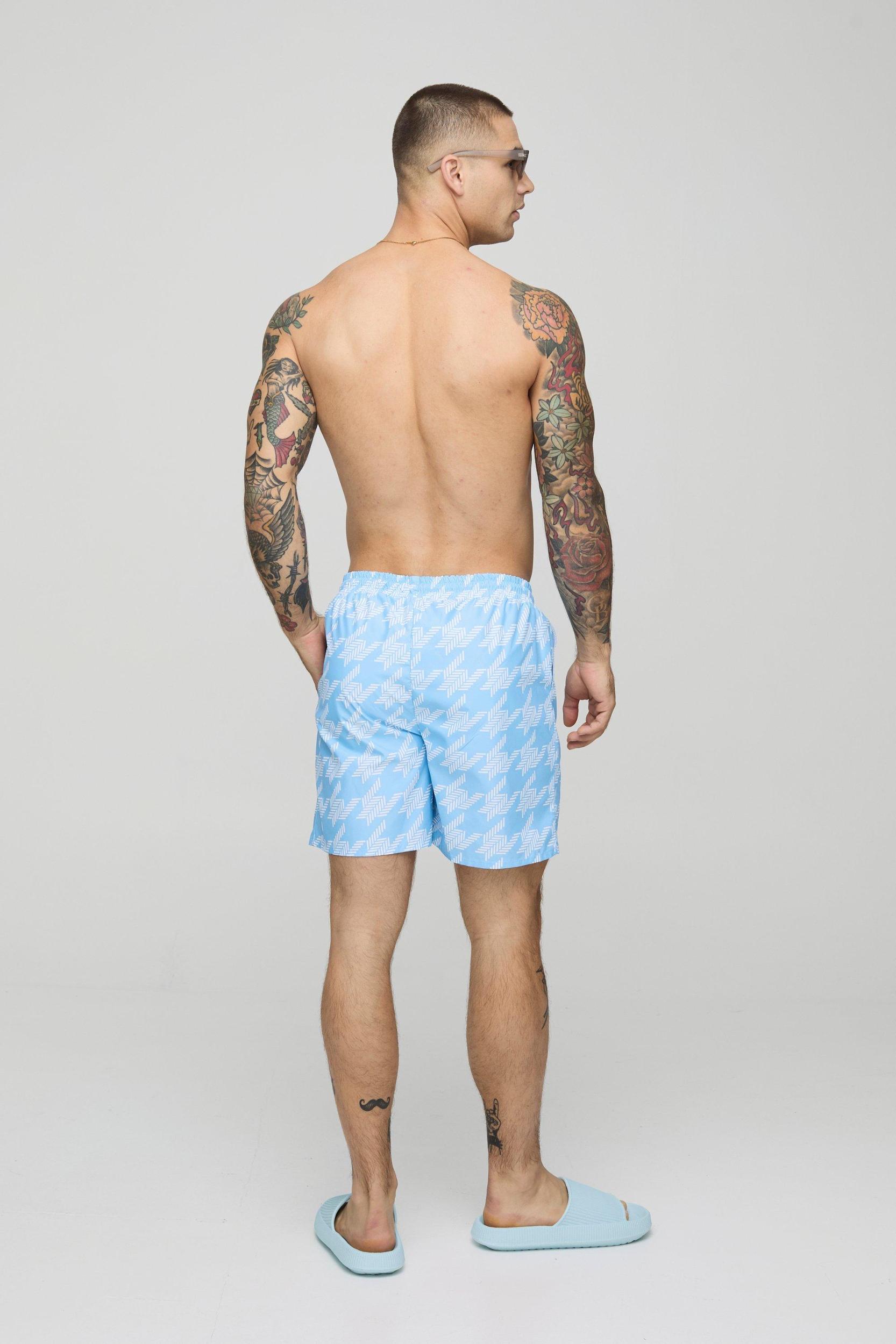 2 Pack Houndstooth and Plain Mid Length Swim Trunks | boohooMAN USA Product Image