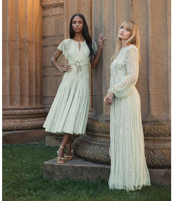 Mac Duggal Keyhole Neck Flutter Sleeve Bow Front Beaded Mesh Drop Waist Midi Dress Product Image